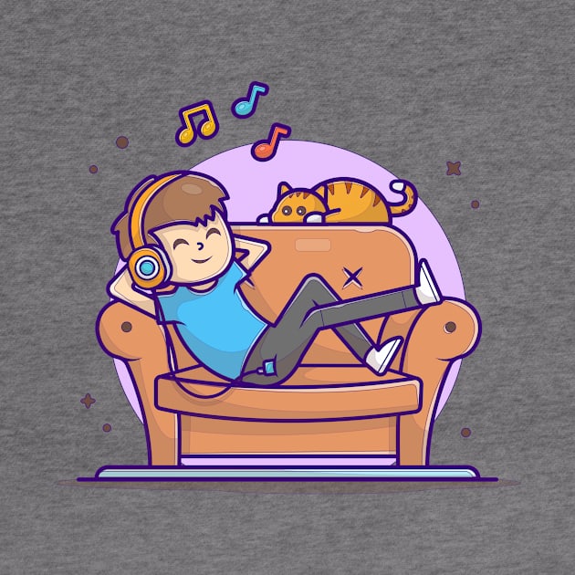 Happy Boy Listening Music On Sofa with Cute Cat, Tune, and Notes of Music Cartoon Vector Icon Illustration by Catalyst Labs